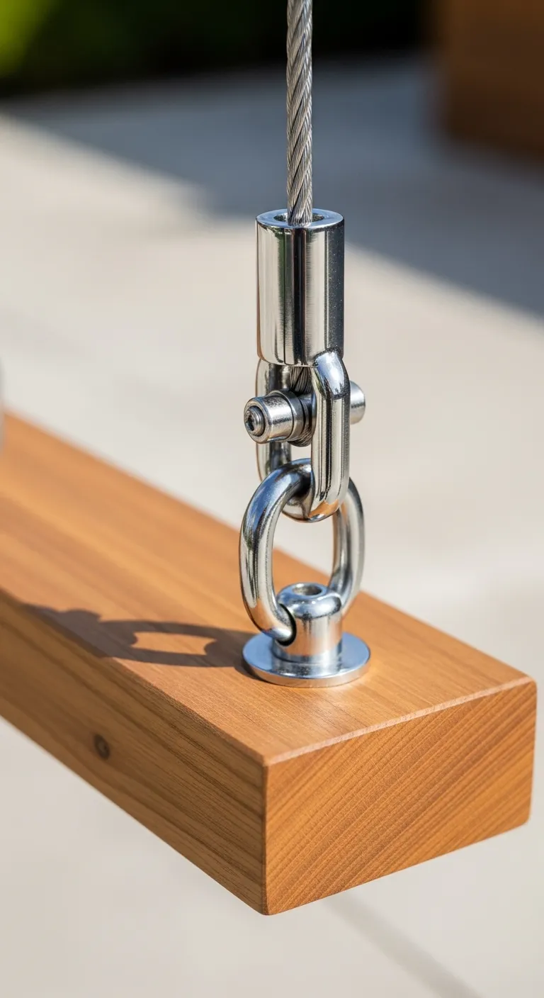 Close up of stainless steel aircraft cable hardware attached to a wooden swing