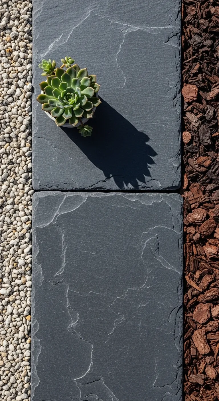 Close up of slate garden stones set in pea gravel and bark mulch