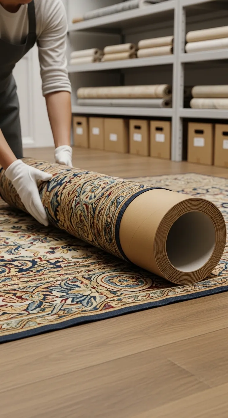 A person rolling a large decorative tapestry around an acid-free tube for long-term storage.