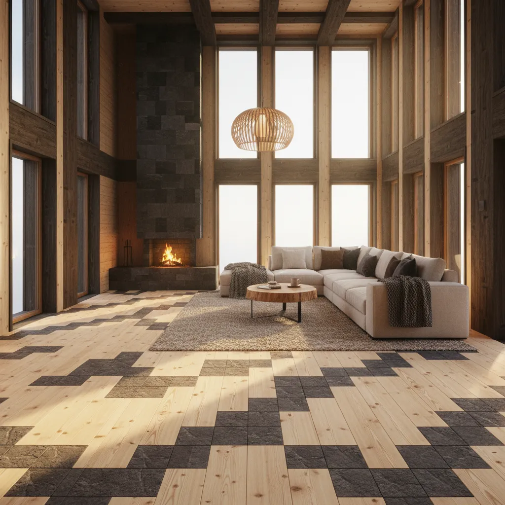 Stripped Spruce and Deepslate Interior Design Contemporary room with stripped spruce and deepslate floor inlays