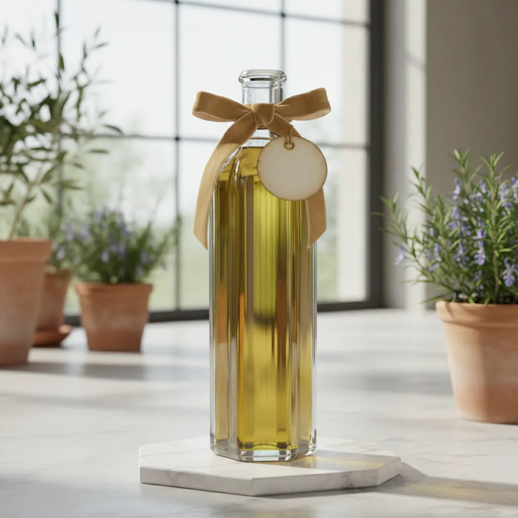 Glass olive oil favor bottle with velvet ribbon and calligraphy tag on marble surface