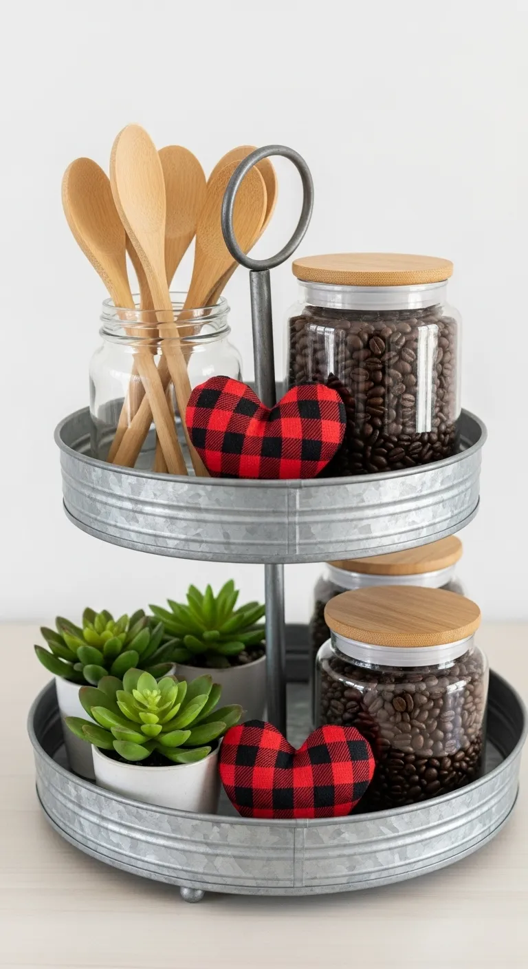 Galvanized metal tiered tray with coffee accessories and valentine accents