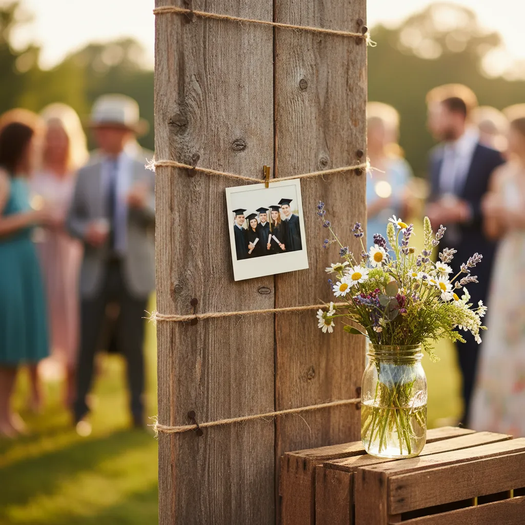 Close up of photo clipped to rustic wood board with floral accents
