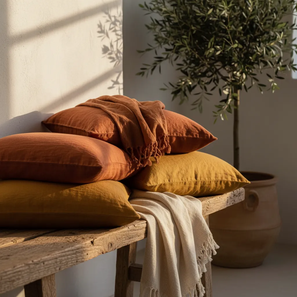 Terracotta and ochre textile layering on rustic furniture