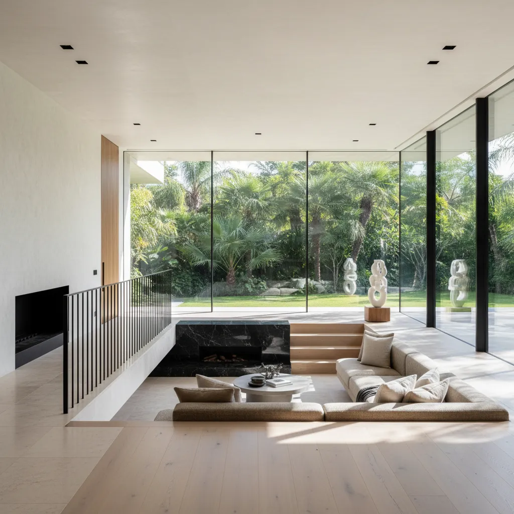 View from mezzanine looking down at sunken living room with large garden windows