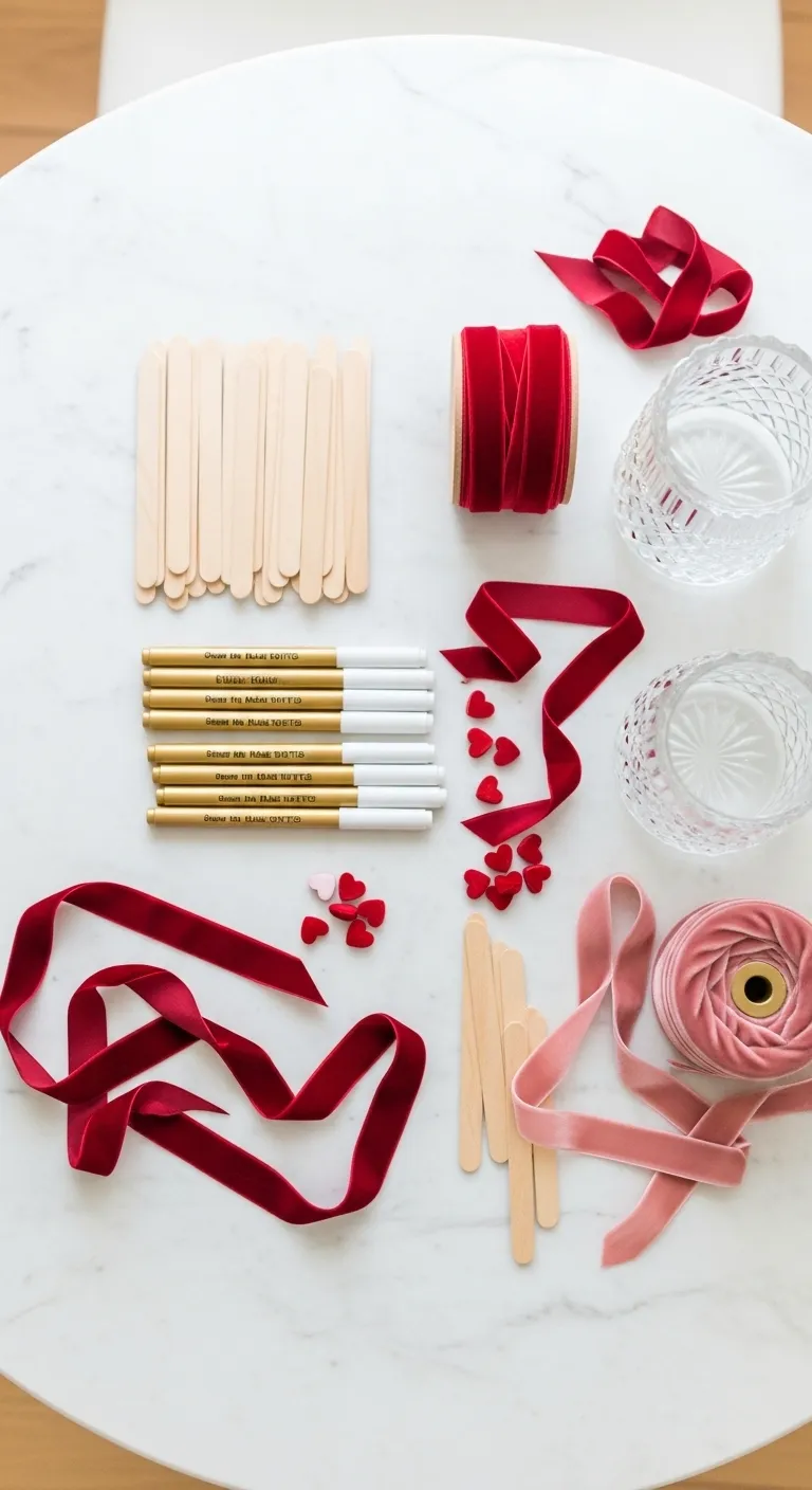 Supplies for DIY Date Jar Craft Craft supplies for date night jar including paint and ribbon on marble table