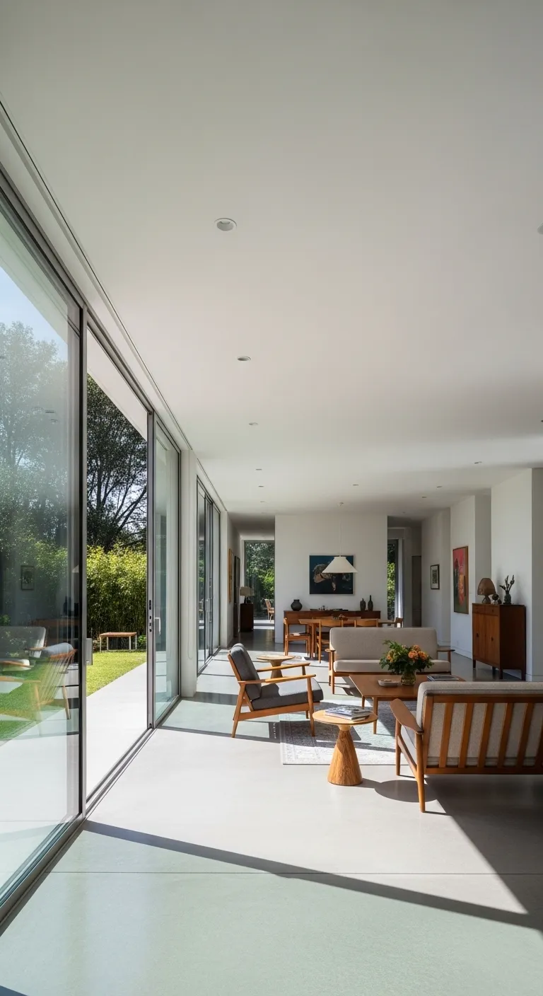 Modern linear floor plan living room with south facing floor to ceiling windows and concrete flooring