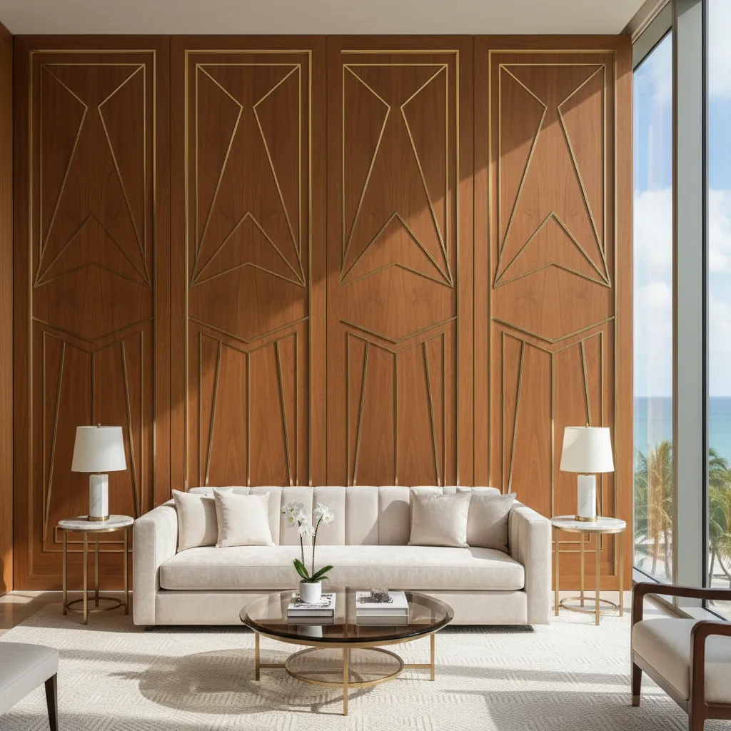 Symmetrical geometric wall panels with brass inlay in a modern Miami condo
