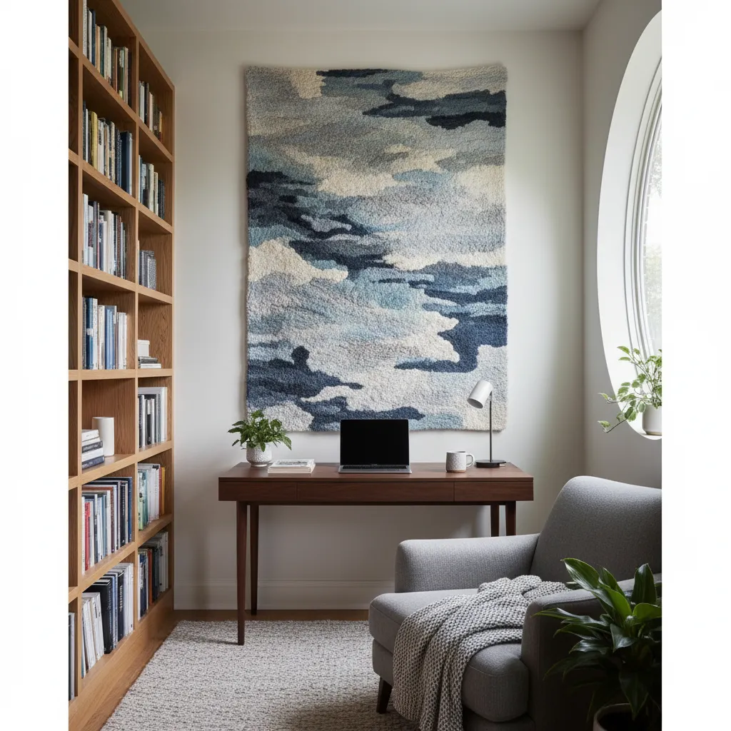 A thick, decorative tapestry used in a home office to absorb sound and reduce echo.