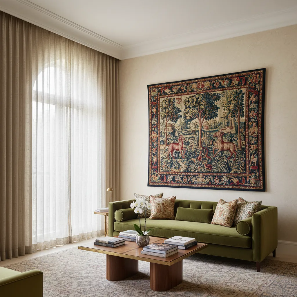 A large, colorful tapestry hanging in a living room away from direct sunlight.
