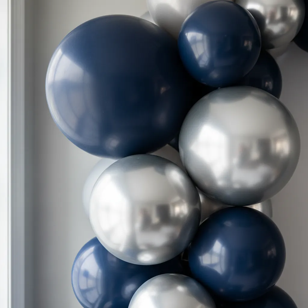 Close up of matte and chrome balloons mixed for a textured party backdrop