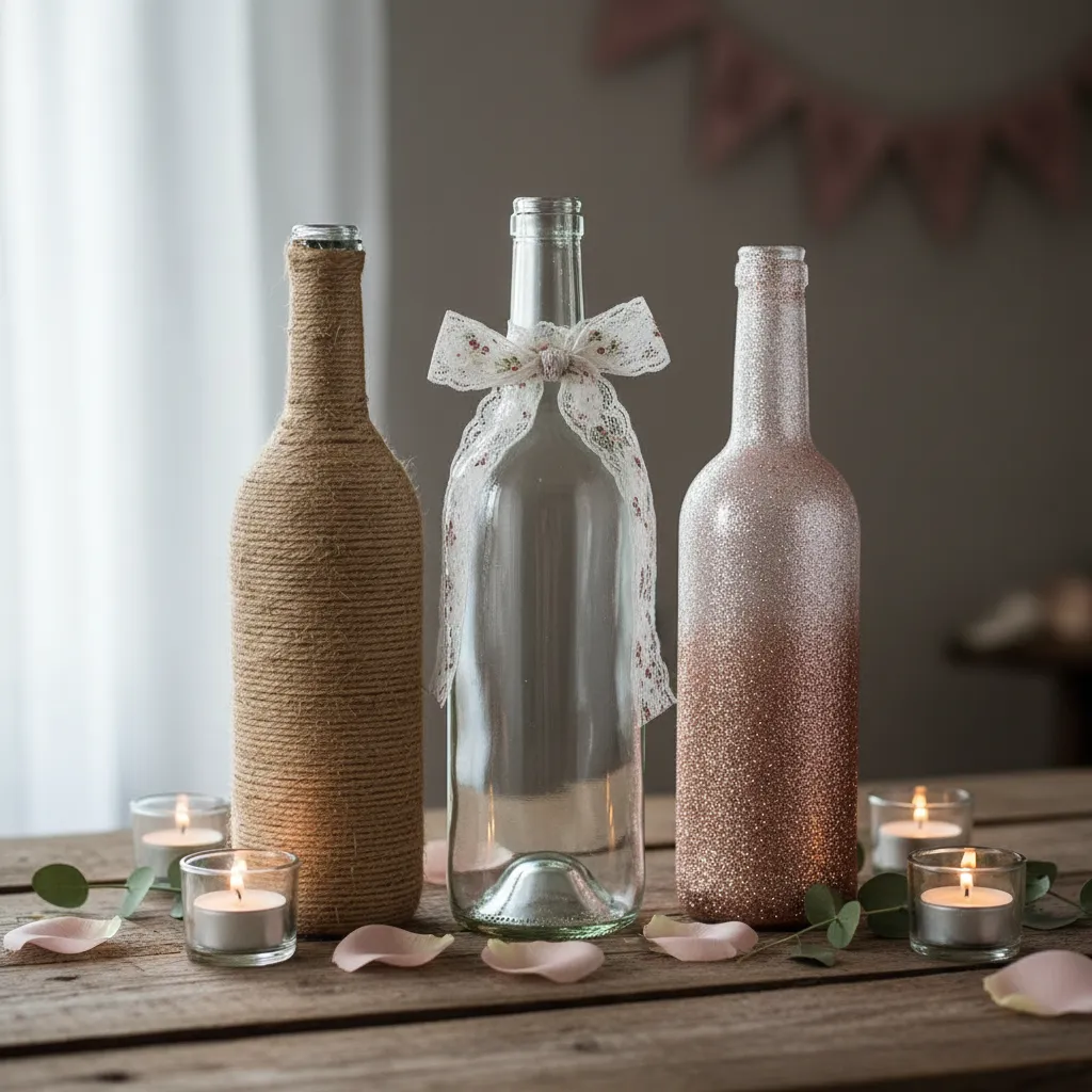 Three repurposed wine bottles decorated with jute twine, lace ribbon, and rose gold glitter for a party centerpiece.