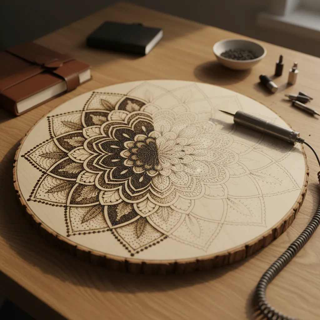 Close up of wood burning mandala art showing pointillism texture on basswood
