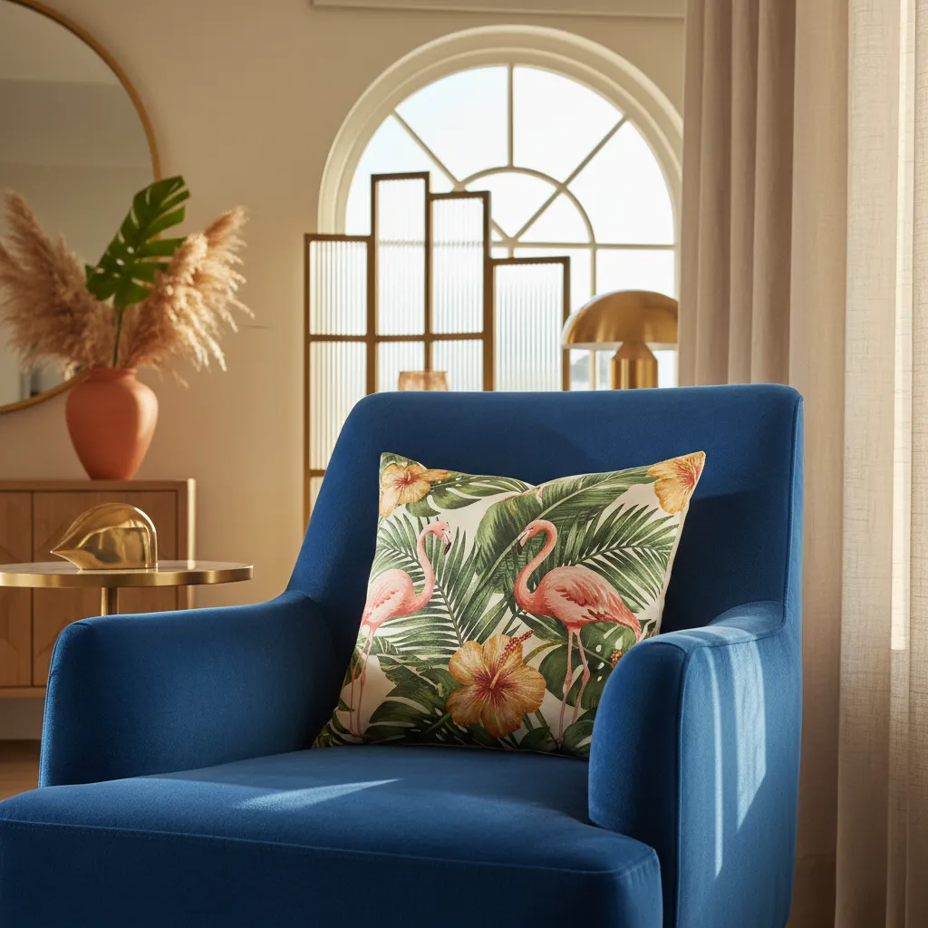 Close up of velvet and tropical silk textiles in an Art Deco home