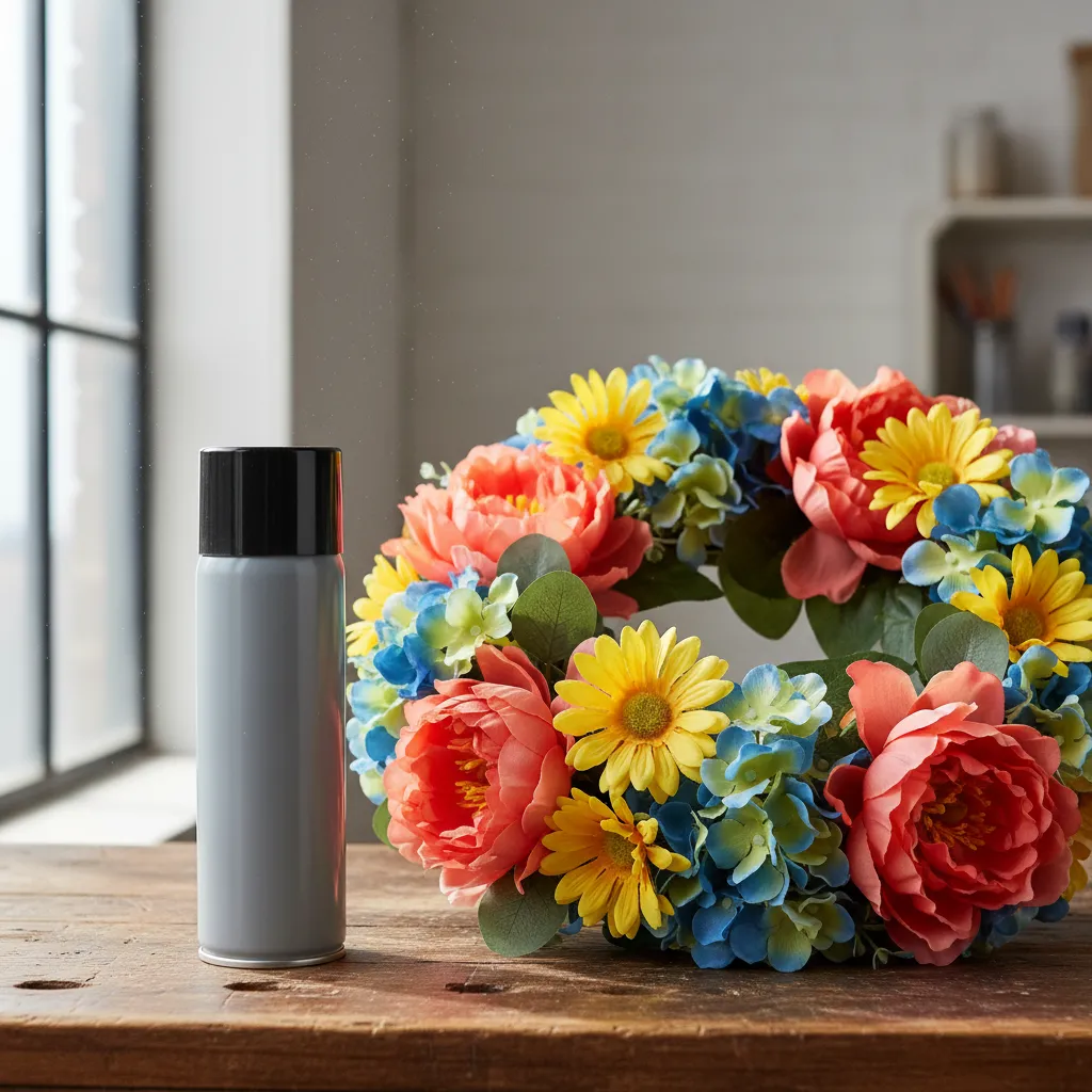 UV Resistant Spray for Faux Wreaths Can of UV resistant spray paint next to a silk flower wreath on a workbench