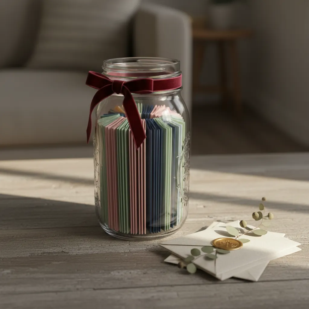 A sophisticated DIY date night jar with pastel paper slips and a burgundy velvet ribbon on a wooden table.