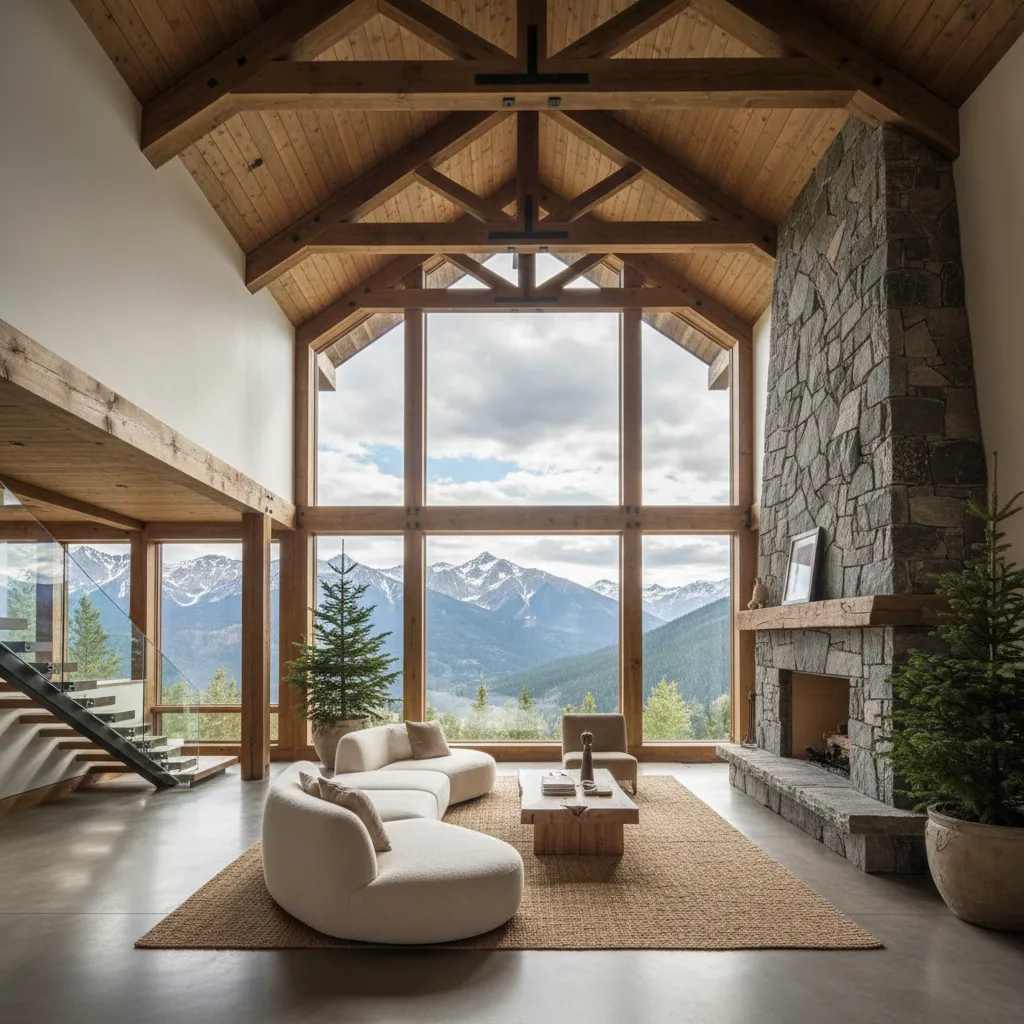 A spacious mountain home great room with high vaulted ceilings and timber beams.