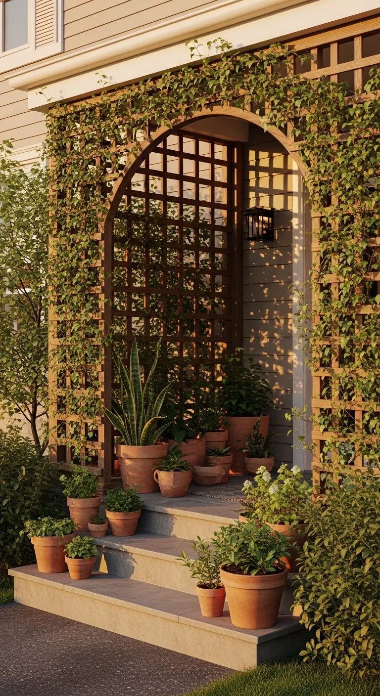 Wooden trellis with climbing ivy and terracotta pots on a small front porch