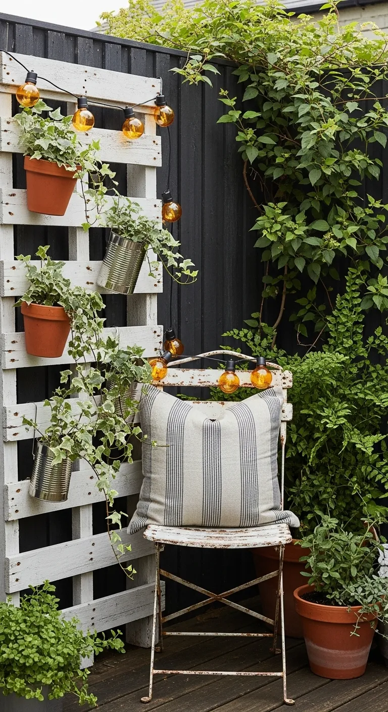 Vertical Vintage Nook With Upcycled Pallet Garden Whitewashed pallet vertical garden with vintage tin planters and solar string lights in a cozy backyard corner