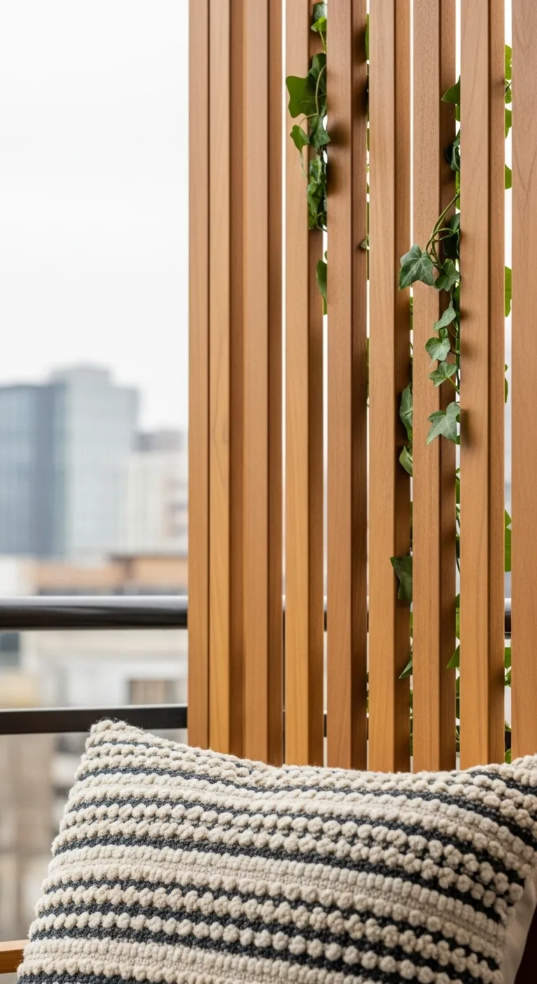 Close up of wooden slat privacy screen with ivy and textured pillows on a balcony