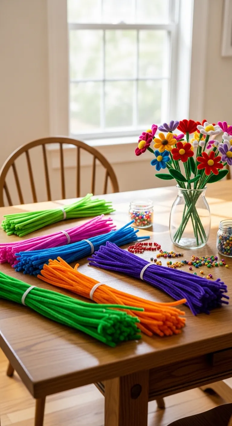 A sunlit oak table featuring colorful pipe cleaners and craft supplies for kids