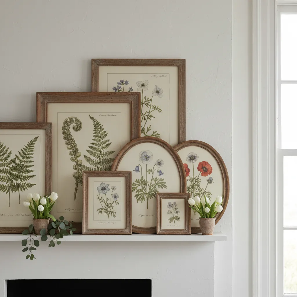 Close up of vintage fern and wildflower botanical prints in wooden frames