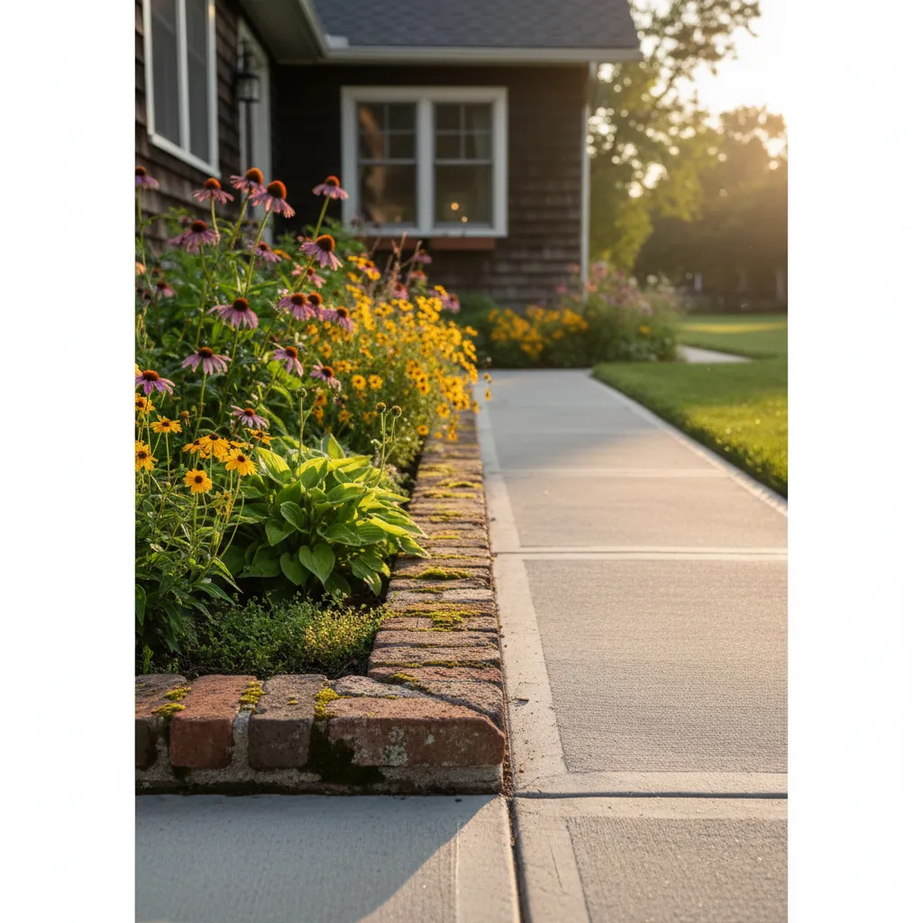 Weathered brick edging lining a concrete path in a small garden