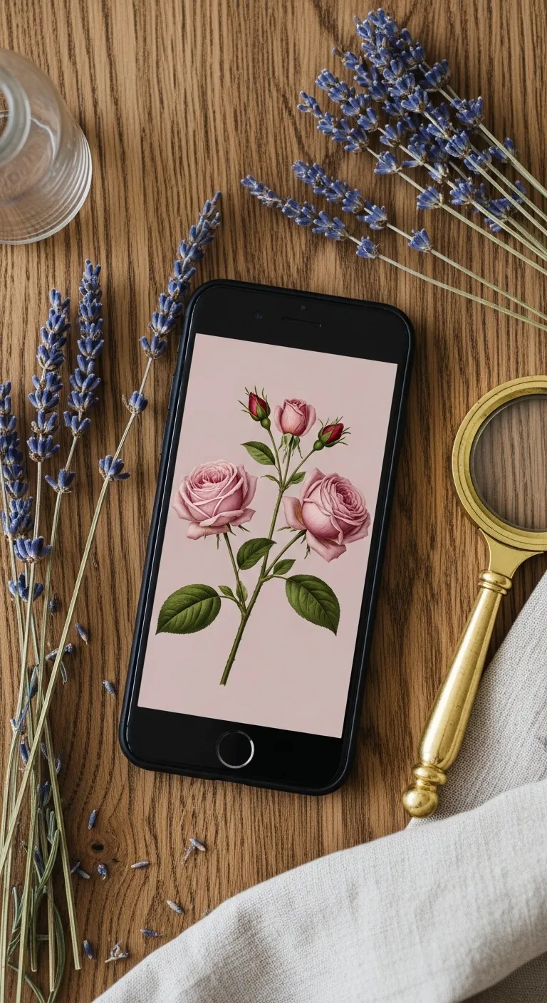 Smartphone on wood table displaying dusty pink vintage floral wallpaper with brass accessories