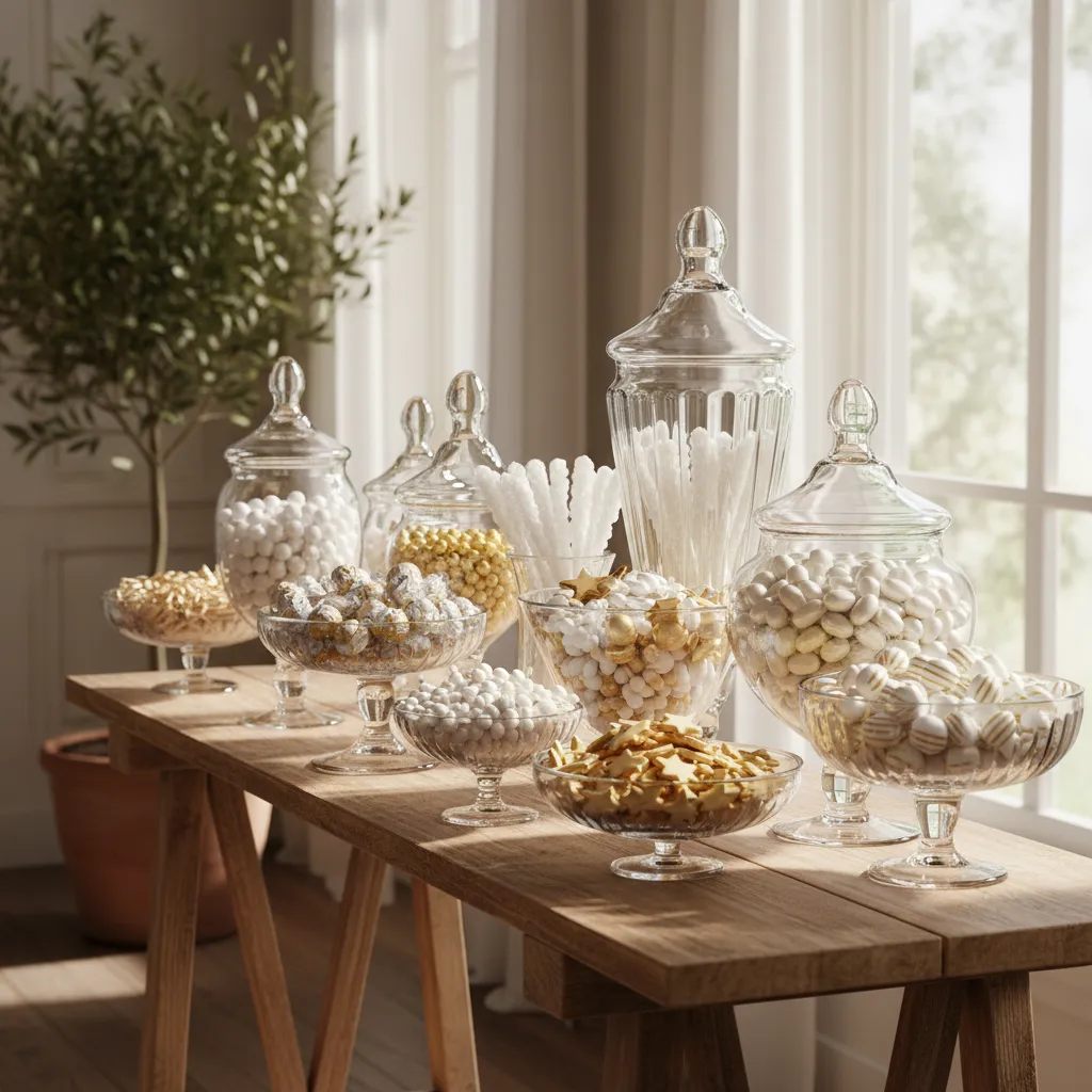Close up of assorted vintage glass jars filled with color coordinated candy