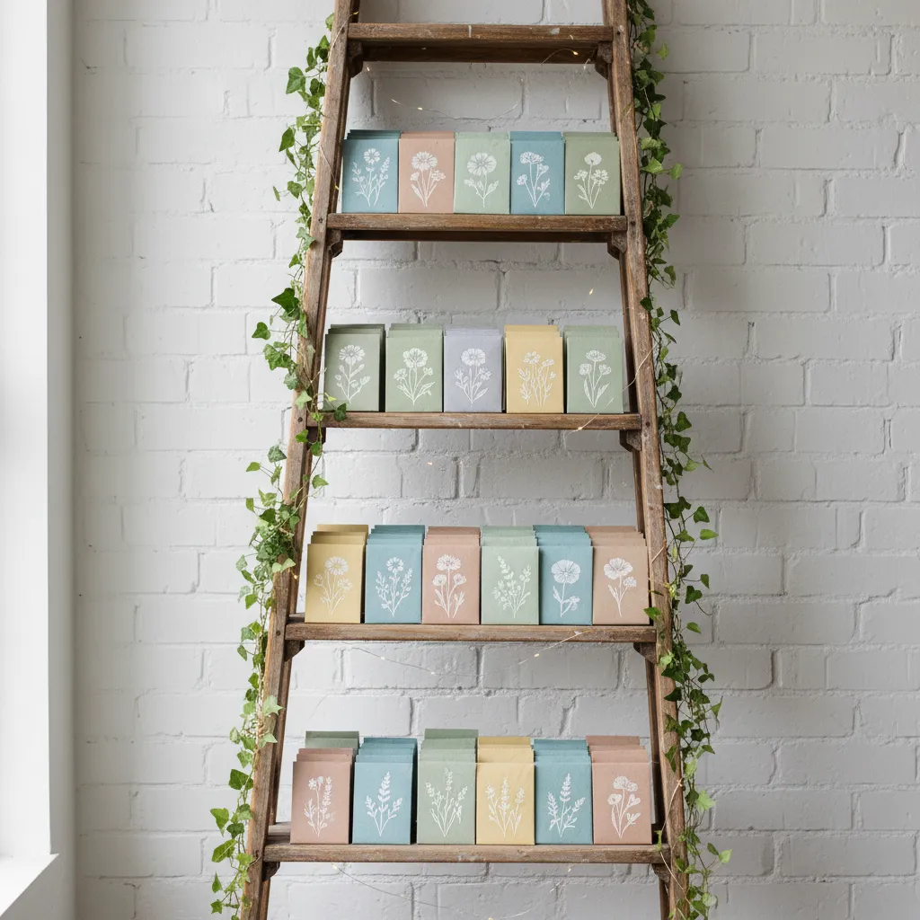 Wooden ladder display styled with ivy and seed packet favors against a white brick wall