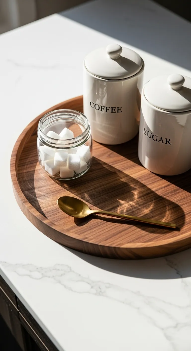 Walnut wooden tray organizing coffee canisters on a white quartz countertop