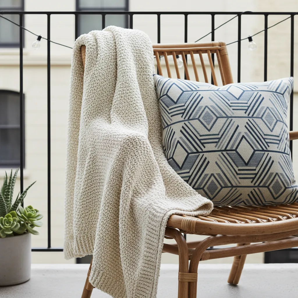 Close up of durable outdoor cushions and chunky knit throws on a balcony chair