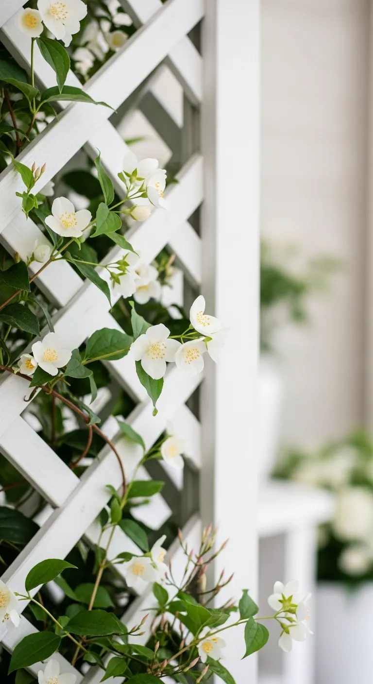 White wooden trellis supporting blooming jasmine vines in a garden