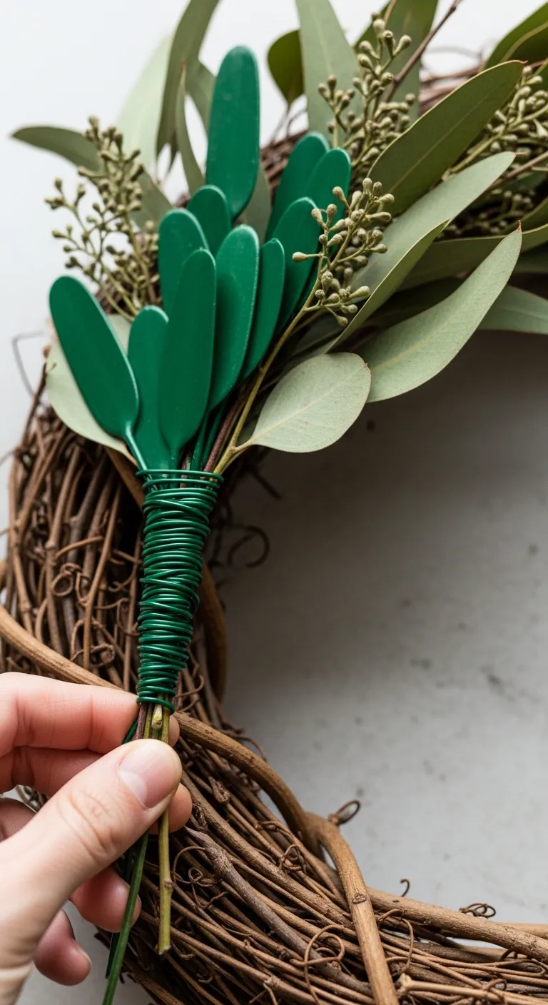 Wire Wrapping Technique for Summer Wreaths Hands wrapping floral wire around greenery on a grapevine wreath base
