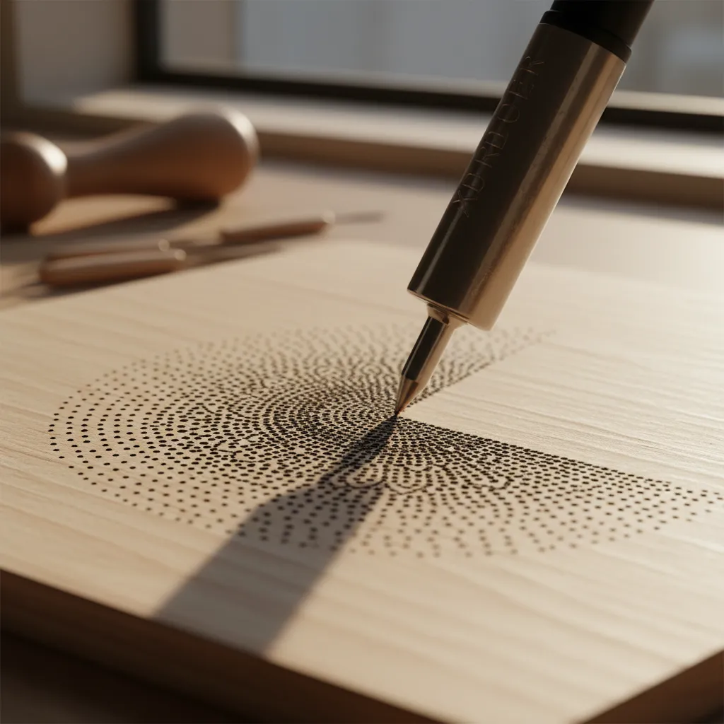 Pyrography pen creating stippling texture on wood for mandala shading