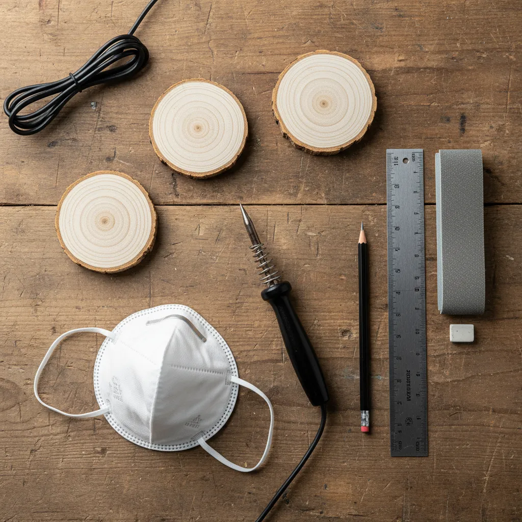 Essential pyrography tools including pen wood slices and safety gear