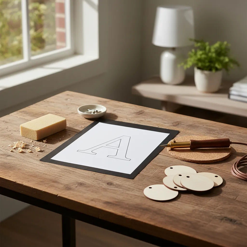 Graphite paper and wood burning tools arranged for a craft project