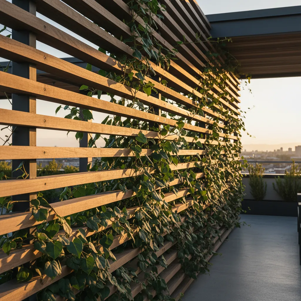 Teak wood slat privacy screen with climbing vines on a rooftop terrace