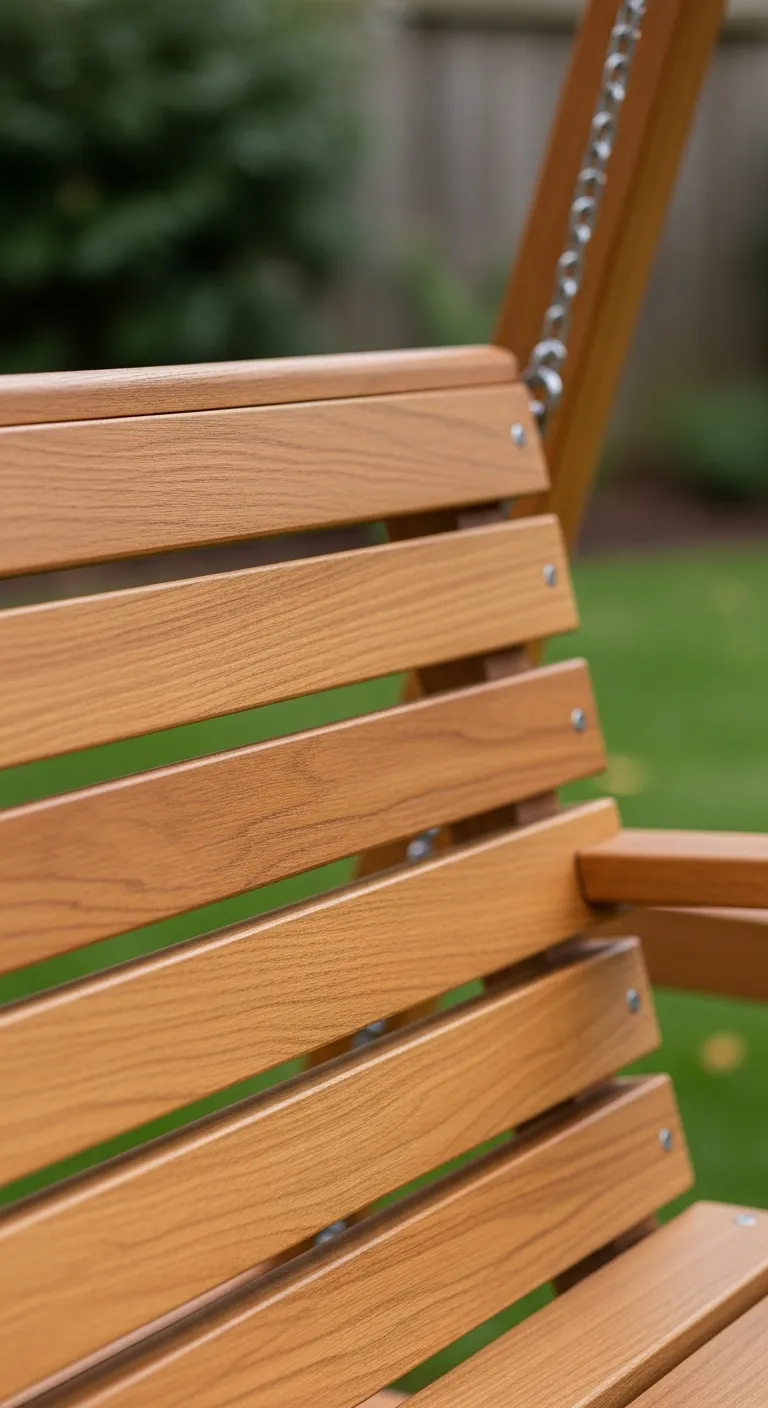 Close up of teak wood slats on a modern outdoor swing bench