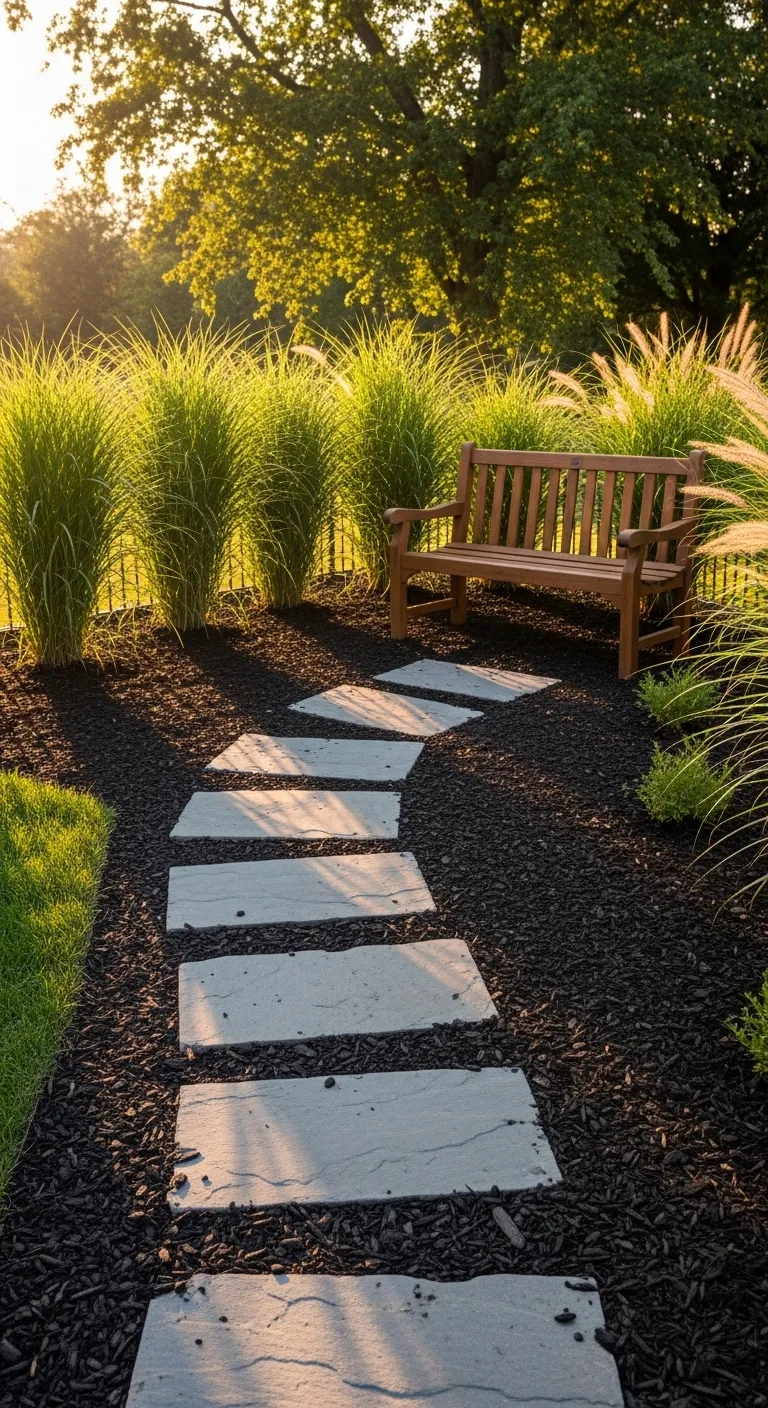 Zen Garden Path With Stone and Mulch Serene backyard zen garden path made of repurposed stone and dark mulch