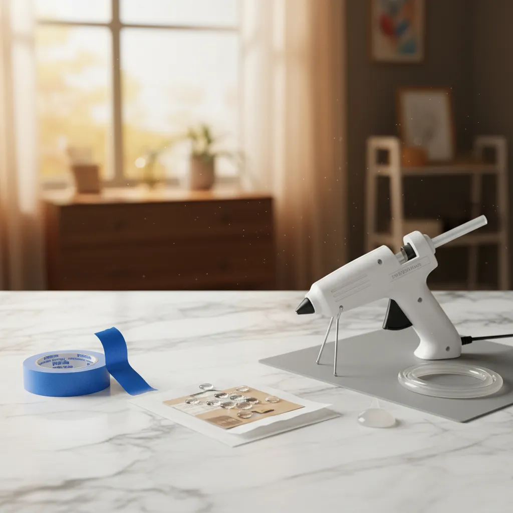 Adhesive Options for Temporary Mounting Blue painters tape and glue dots arranged on a crafting table