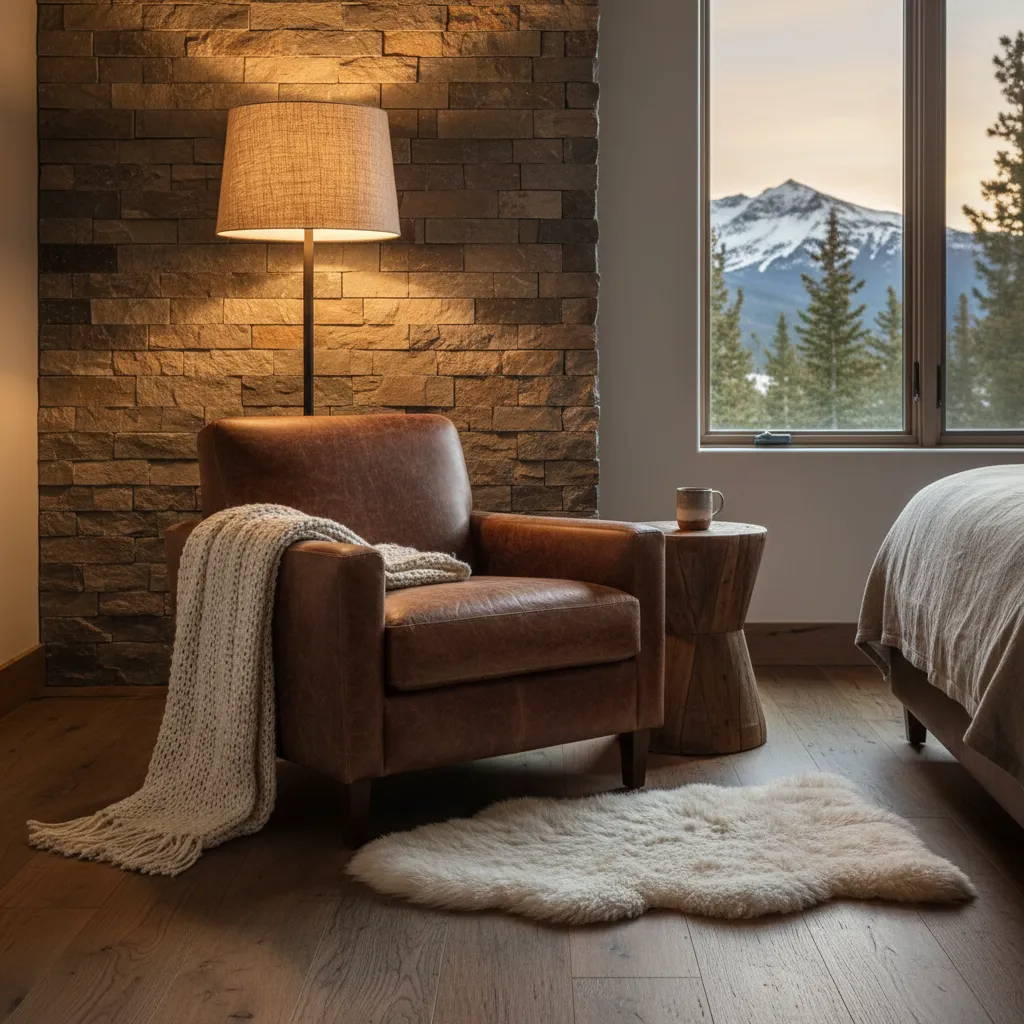 Ambient Floor Lamp Reading Corner Linen shaded floor lamp illuminating a dark corner in a mountain room