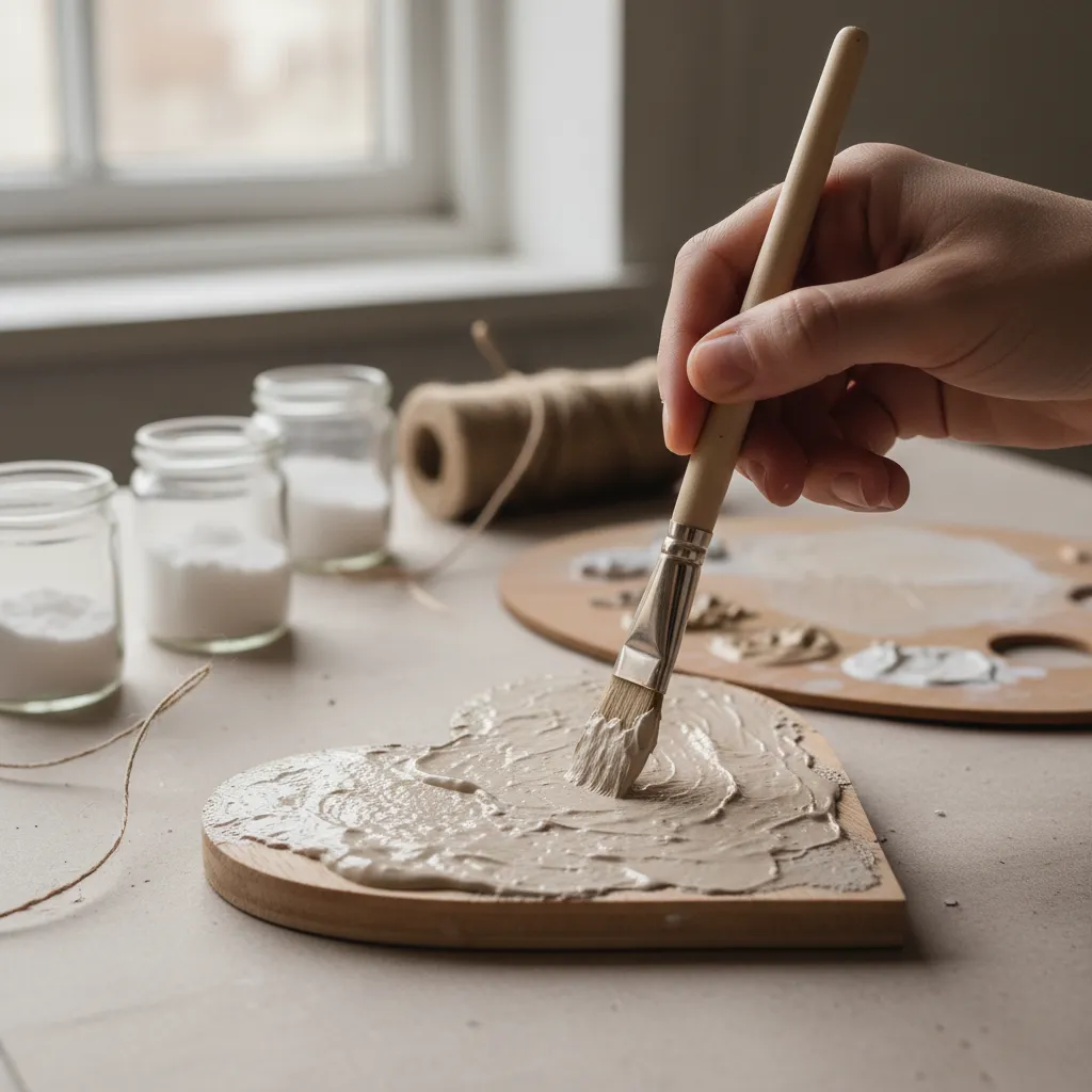 Brush applying thick baking soda paint mix to wooden heart craft