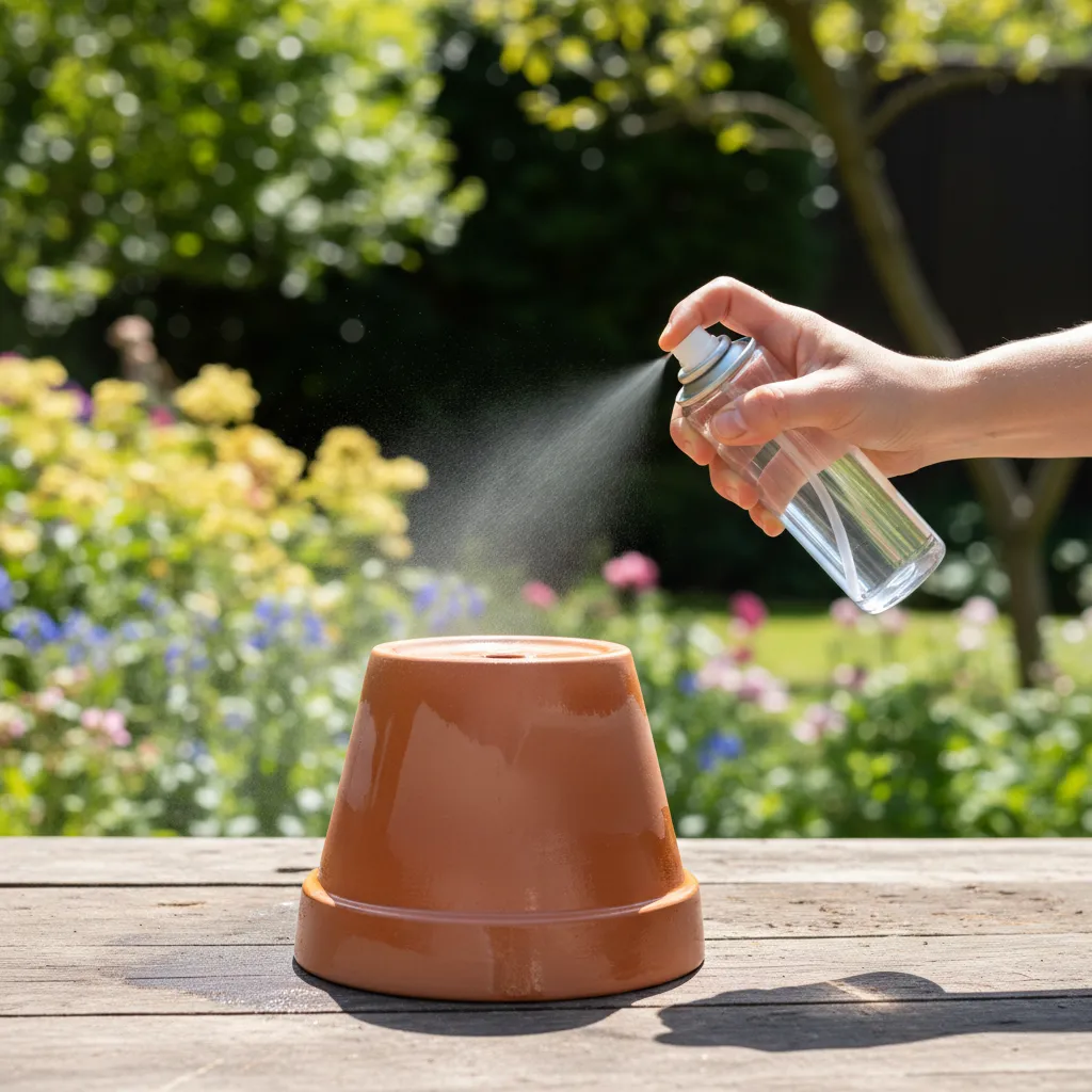 Hand applying clear acrylic spray sealer to a terracotta flower pot