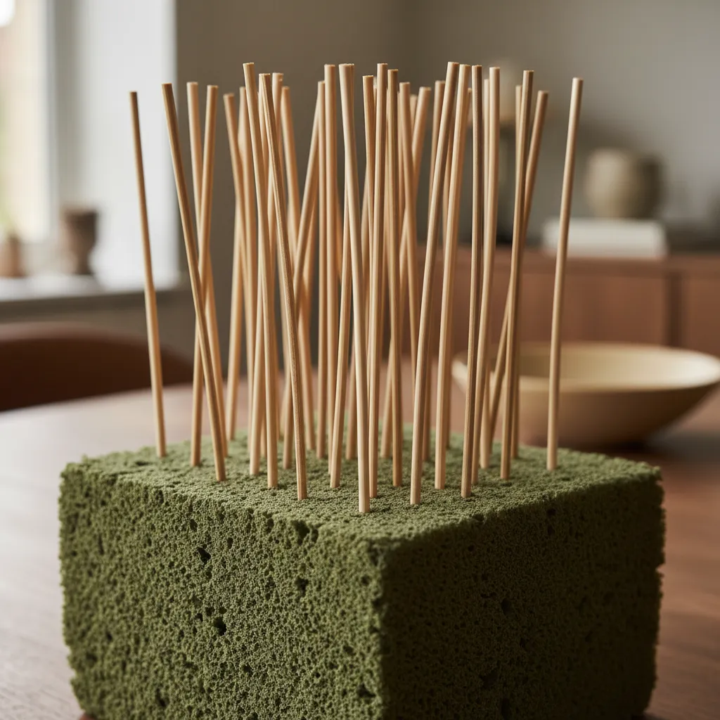 Bamboo Skewers in Floral Foam Base Close up of bamboo skewers anchored in green floral foam for bouquet structure