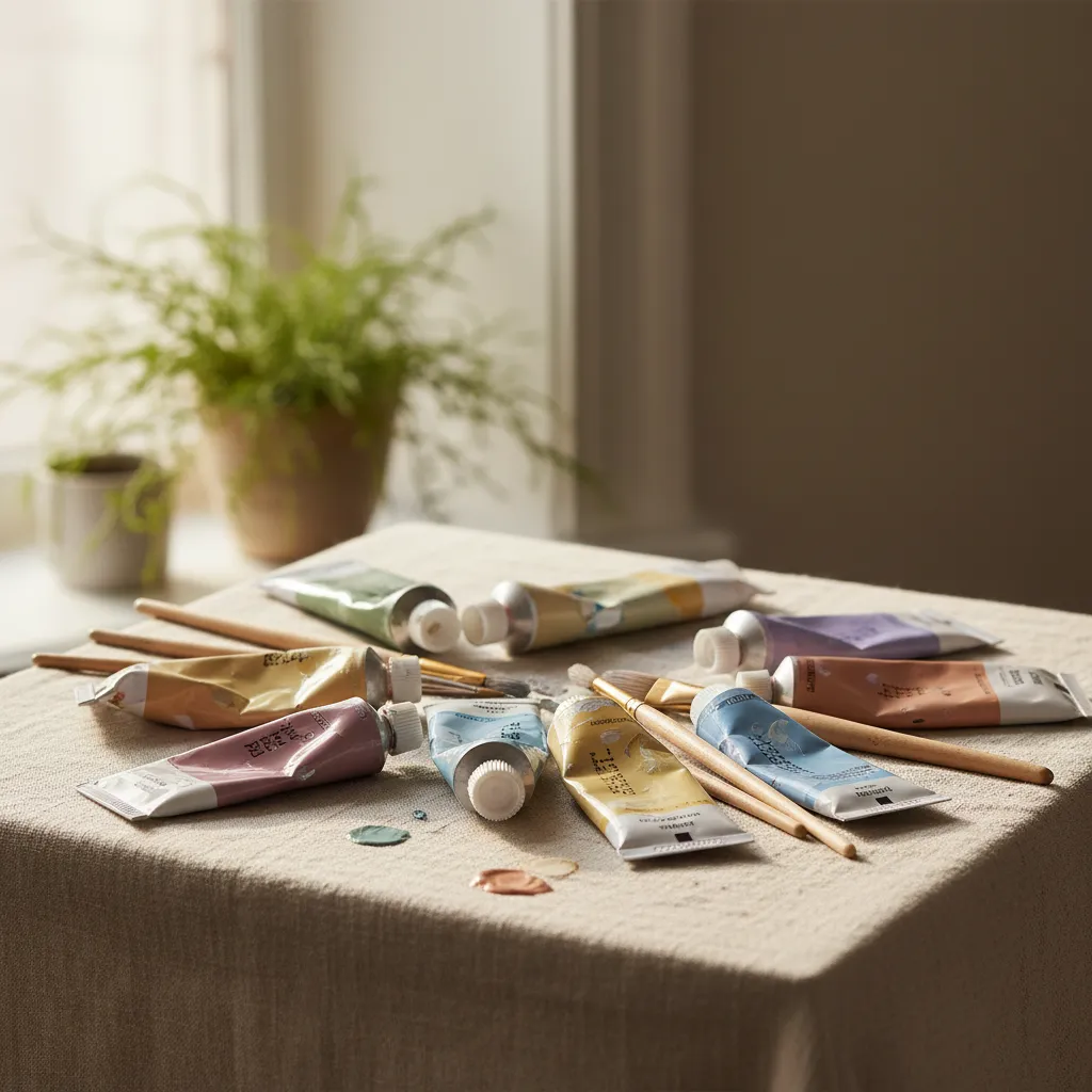 Colorful acrylic paint tubes and brushes on a linen surface