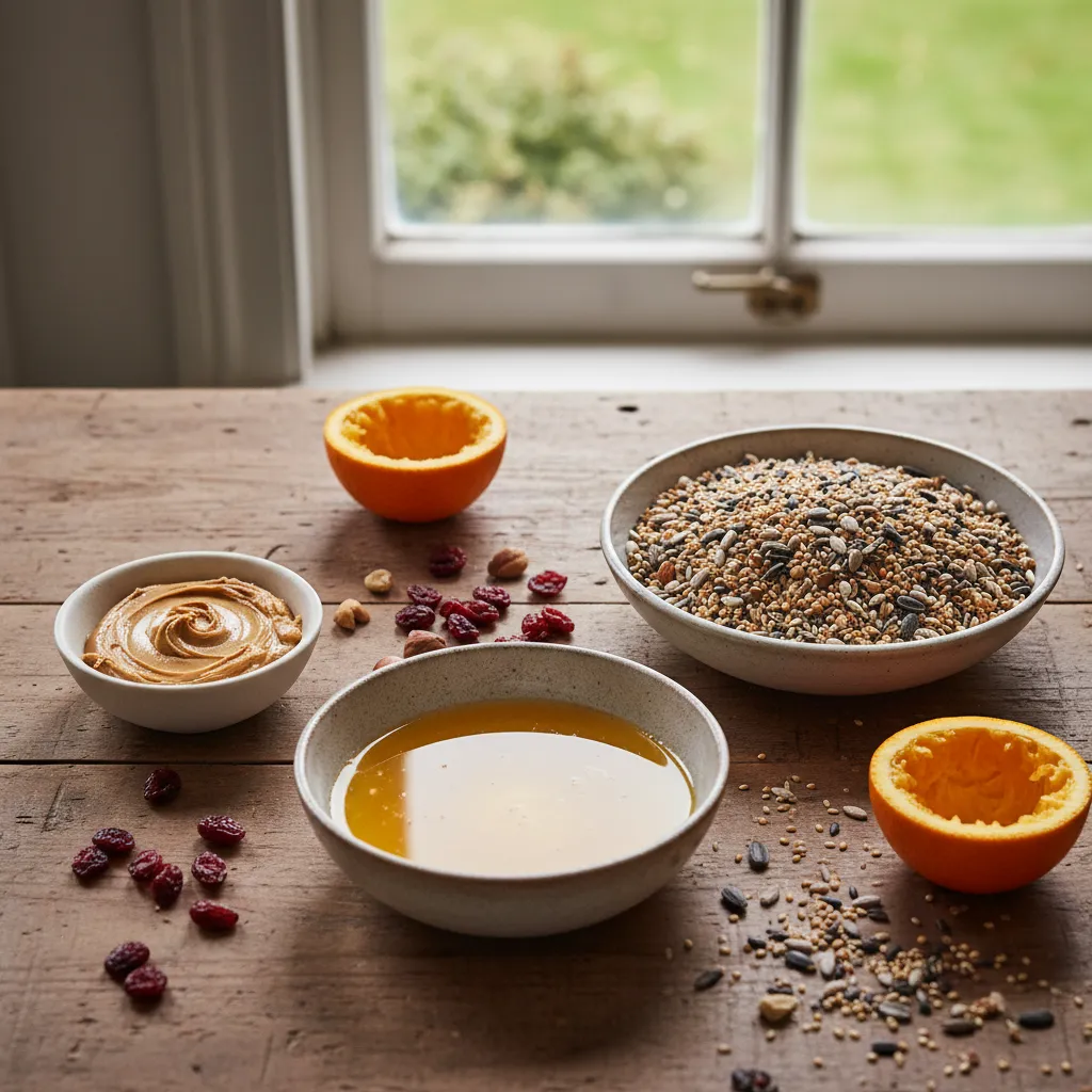 Bird Feeder Ingredients Preparation Ingredients for diy bird feeders including suet seeds and fruit