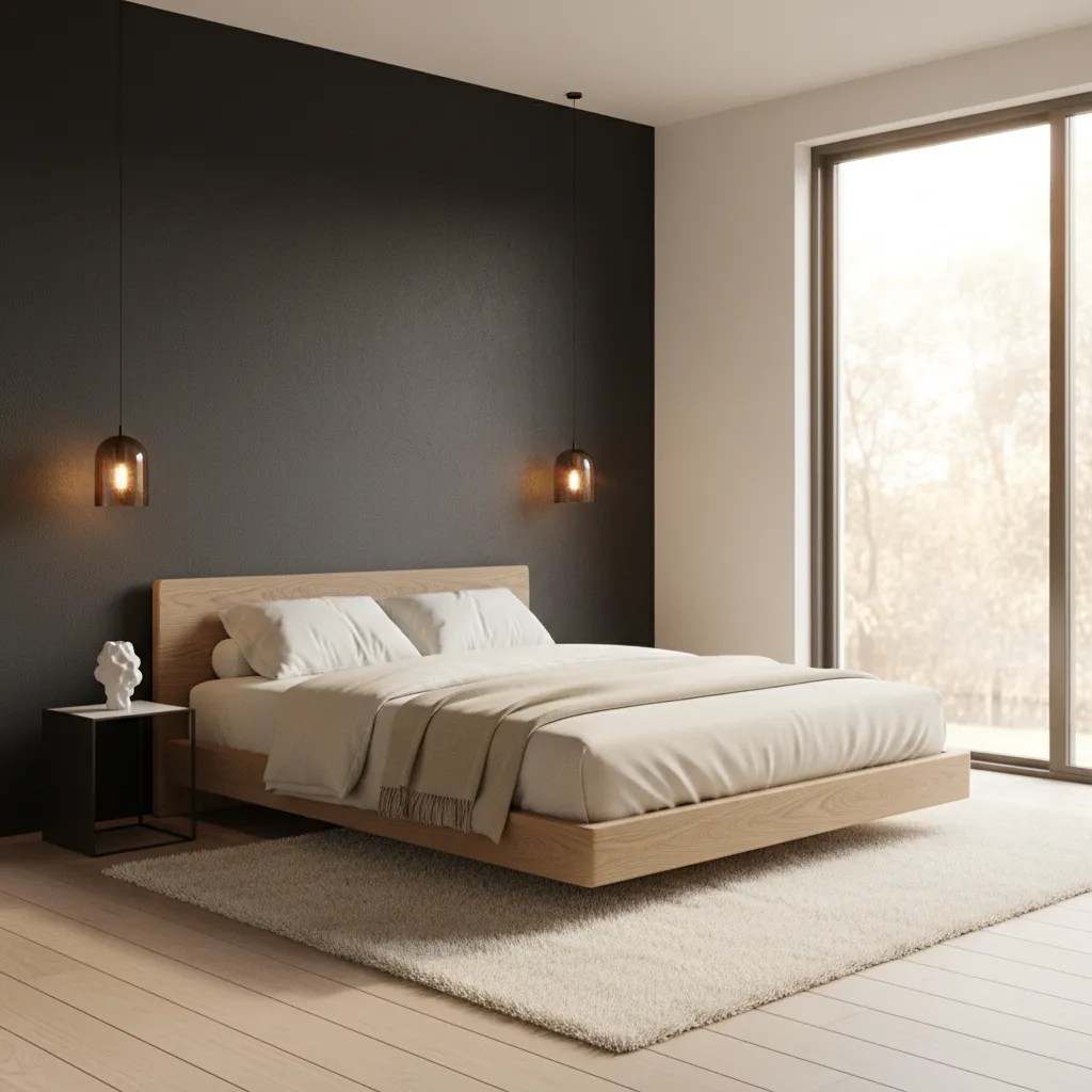 A simple minimalist master bedroom design in Bloxburg using a 4x4 grid layout with neutral tones and modern furniture.