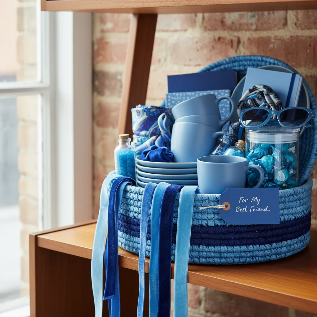 A professionally styled blue gift basket for a best friend featuring navy, cobalt, and sky blue gift items in a woven container.