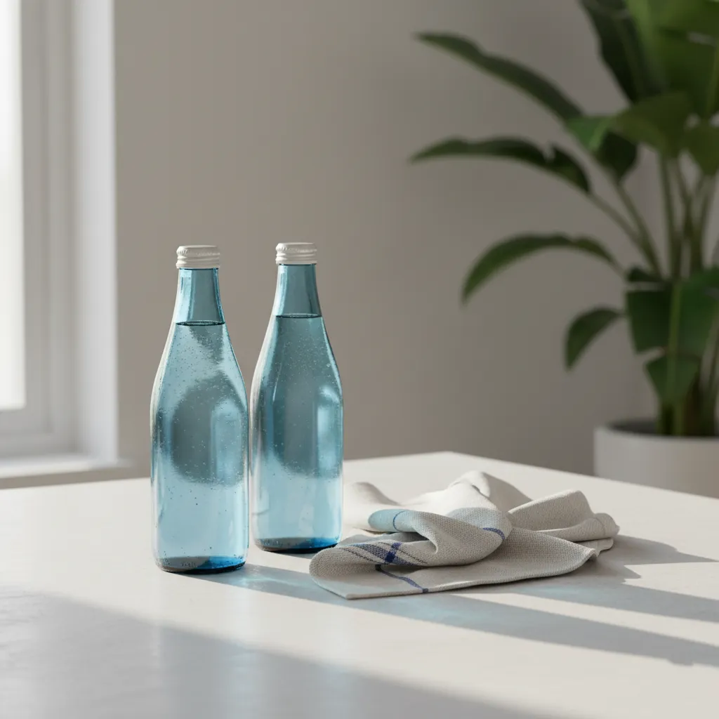 Blue Beverage Bottle Styling Blue glass sparkling water bottles on a neutral linen cloth.